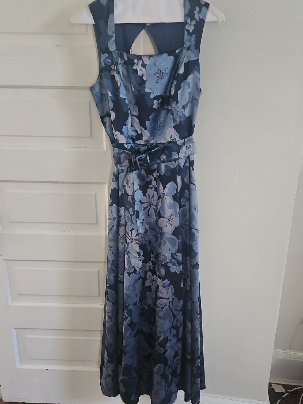 Alex Evenings Navy and Light Blue Floral Maxi Dress with Tie Waist